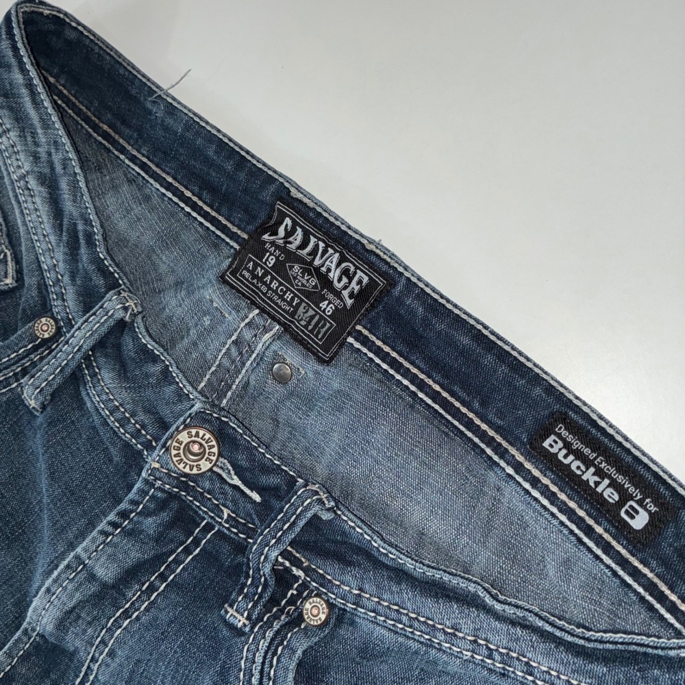 Salvage Men's 36 Buckle Straight Jeans Blue Distressed Stretch Denim SLVG23-460